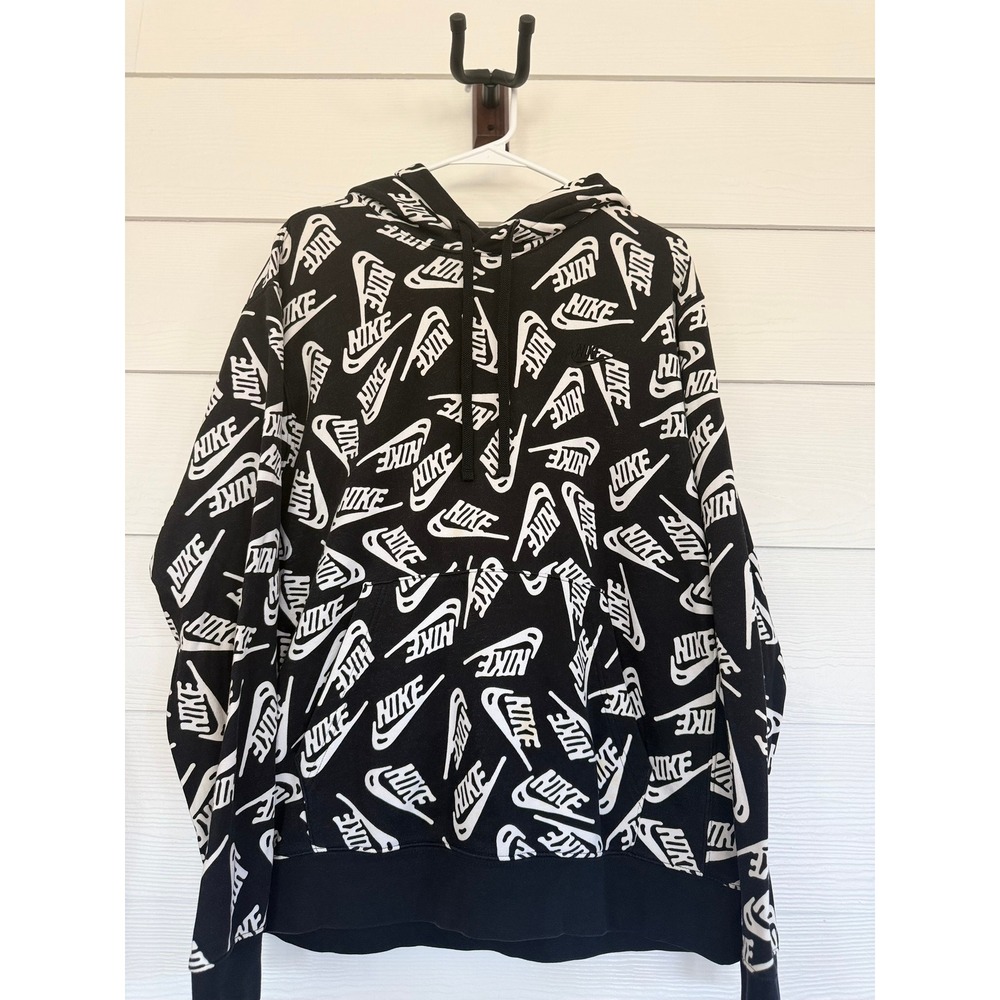 A- 61- Nike Sportswear Club Fleece All Over Print Hoodie Black White Mens L